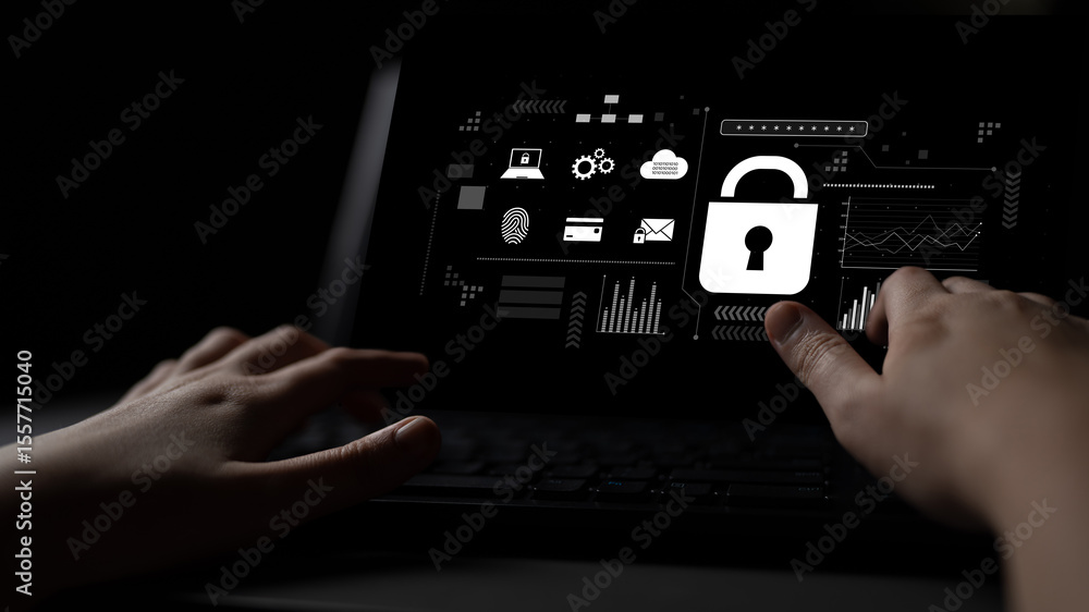 Poster digital cyber security lock system highlighting data security encryption, cyber password protection,