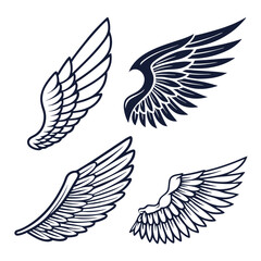Set of wings icons. Wings icons. Bird wings, angel wings elements. Wing collection in different shape. Wings badges. Vector illustration