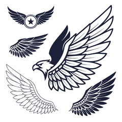 Set of wings icons. Wings icons. Bird wings, angel wings elements. Wing collection in different shape. Wings badges. Vector illustration