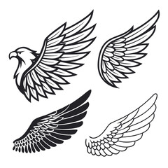 Set of wings icons. Wings icons. Bird wings, angel wings elements. Wing collection in different shape. Wings badges. Vector illustration