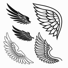 Set of wings icons. Wings icons. Bird wings, angel wings elements. Wing collection in different shape. Wings badges. Vector illustration