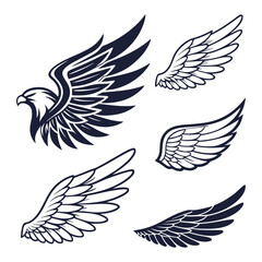 Set of wings icons. Wings icons. Bird wings, angel wings elements. Wing collection in different shape. Wings badges. Vector illustration