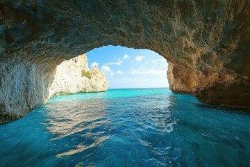 Beautiful view from cave entrance at Gerakas beach bay in Zakynthos Greece, Zakynthos Greece marine park of Gerakas beach bay