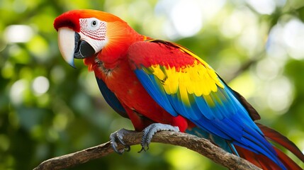 Close up of a majestic scarlet macaw with vivid red blue and yellow feathers its eyes keen and focused perched on a branch against a backdrop of green leaves and soft dappled sunlight