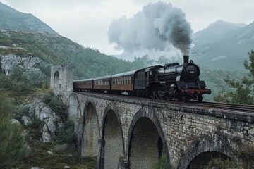 Steam train crosses stone bridge amidst mountain landscape with dense greenery in background, train on stone bridge Photo background seamless ing quality