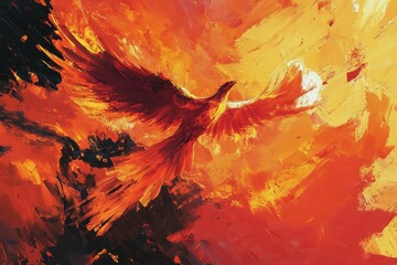Fiery phoenix soars through a blazing sky in vibrant digital painting style, The fiery phoenix Anime or digital painting style