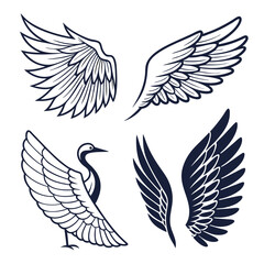 Set of wings icons. Wings icons. Bird wings, angel wings elements. Wing collection in different shape. Wings badges. Vector illustration