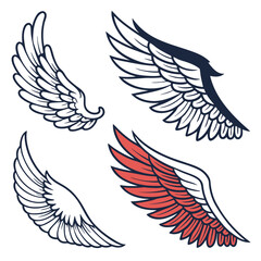 Set of wings icons. Wings icons. Bird wings, angel wings elements. Wing collection in different shape. Wings badges. Vector illustration