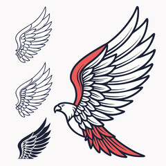 Set of wings icons. Wings icons. Bird wings, angel wings elements. Wing collection in different shape. Wings badges. Vector illustration