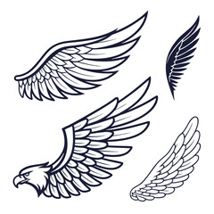 Set of wings icons. Wings icons. Bird wings, angel wings elements. Wing collection in different shape. Wings badges. Vector illustration