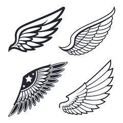 Set of wings icons. Wings icons. Bird wings, angel wings elements. Wing collection in different shape. Wings badges. Vector illustration