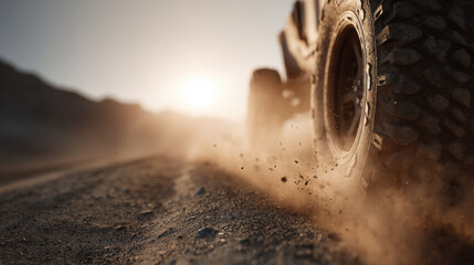 dynamic offroad rally scene featuring vehicle on desert road at sunset