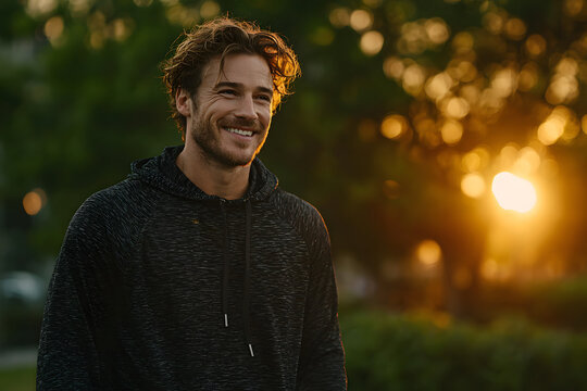 Smiling athletic young man in a dark sports shirt outdoors at sunset, relaxed and confident in a casual sporty look.  
