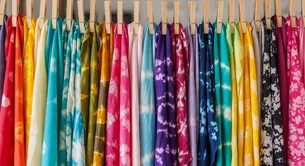 Colorful Scarves Hanging From Clothesline with Wooden Clothespins