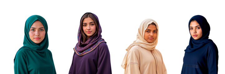 Mini set of isolated objects Proud Middle-Eastern Woman – four women of different nationalities in green, purple, peach and blue abayas