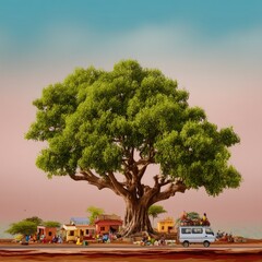 Large Green Tree Providing Shade to Travelers Resting by the Road