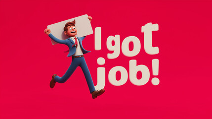 3D cheerful character jumping with a sign I got the job