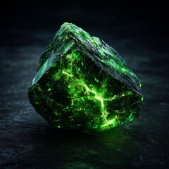 3d close-up of a glowing cracked uranium crystal on black velvet, radioactive green light spilling out