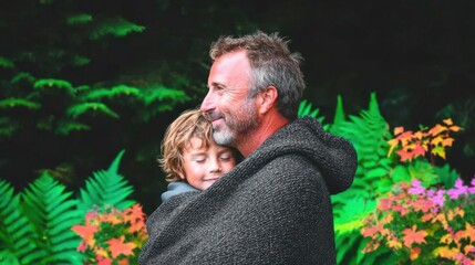 Loving Father and Son Embrace in Autumn Foliage