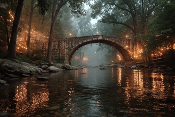 Obraz premium Stone bridge over stream at dusk, illuminated by warm lights