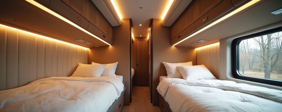 Modern sleeper bus interior with individual pods. Comfortable sleeping accommodation, pod features bed with pillows, bedside storage, integrated lighting. Transportation for comfortable travel.