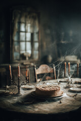 forgotten party table in an abandoned room, a once-beautiful cake now dusty and slightly collapsed 