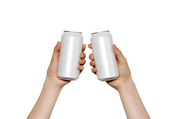 Two hands holding blank white aluminum cans.