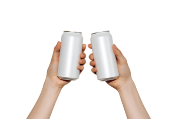 Two hands holding blank white aluminum cans.