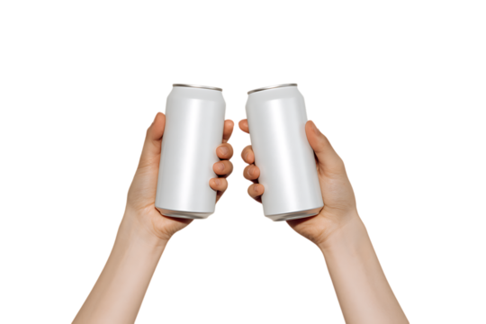 Two hands holding blank white aluminum cans.