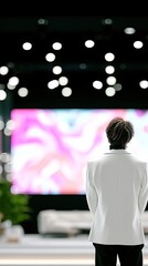 Man in White Jacket at a Presentation with Abstract Pink and Purple Background