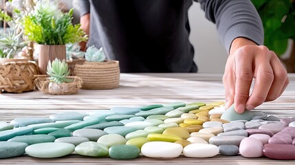 Man Arranging Colorful Rock Collection on Wooden Table