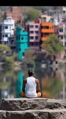 Man Practicing Yoga on River Ghats at Sunrise