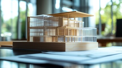 Architectural model of a modern building with glass walls and wooden frame on a table with plans