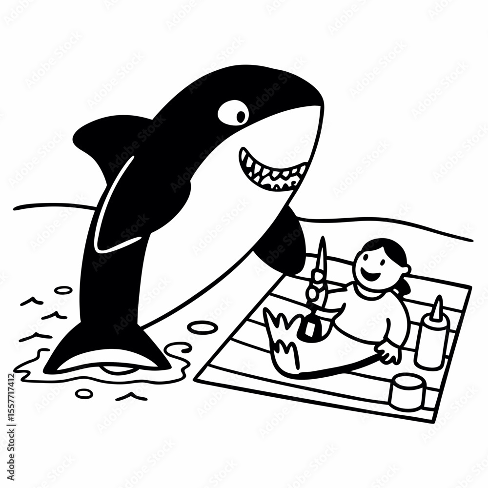 Fototapete vector illustration of shark smiling and having fun black and white drawing for children to learn to