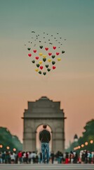 Man Selling Heart Shaped Balloons at India Gate at Sunset