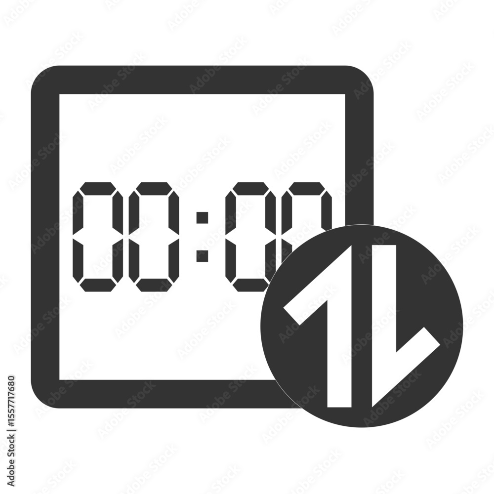 Poster digital clock displaying zero with a circular download upload arrow icon