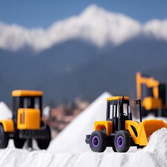 Miniature Excavators in a Quarry with Snowy Mountains