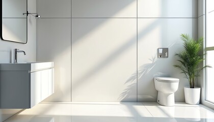 Minimalist bathroom design bright white environment. Contemporary aesthetic with modern faucet mirror, toilet. Bright lighting, houseplant for decor. Tranquil, serene ambiance, focus on clean,