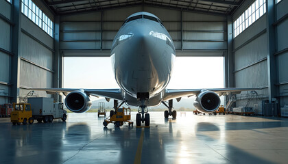 Large passenger airplane inside hangar. Aircraft maintenance, repair, industry, service concept. Commercial aviation, flight safety. Travel, transport, tourism, global business. Aeroplane, jet