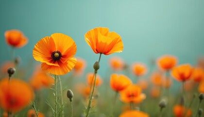 Fototapeta premium California poppies bloom. Vivid orange wildflower field in full bloom, sunny day. Nature beauty, floral landscape, spring season, vibrant blossoms. Poppy flower heads in focus, with soft background.