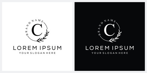 Initial letter C cosmetics fashion logo design, serif font graphic icon, leaves nature symbol concept 
