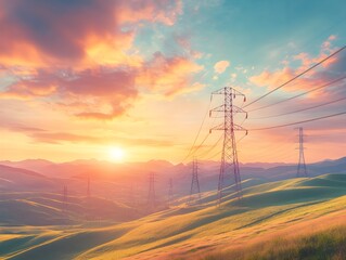 "Colorful Sunset Behind Industrial Power Lines"