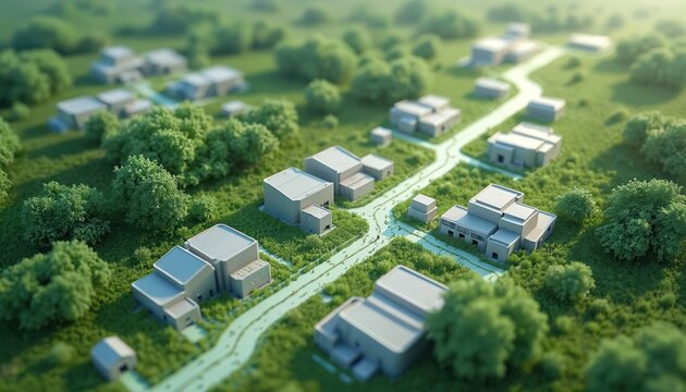 High-tech food supply chain map visualizes connections, infrastructure across green landscape. Focus on eco-friendly processes, logistics, distribution, agricultural tech, system efficiency.