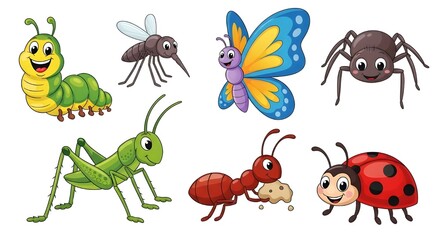 Cute Cartoon Insect Set &ndash; Funny Caterpillar, Butterfly, Ladybug & More (Colorful Children&rsquo;s Bug Vector Icons)