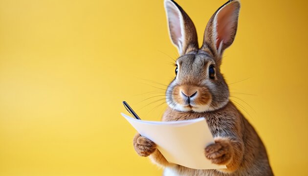 Adorable rabbit reviewing documents, holding pen, isolated on yellow background. Cute animal in office with paper, pen, office, stationery. Bunny is busy with work, writing. Funny cartoon character. - Powered by Adobe