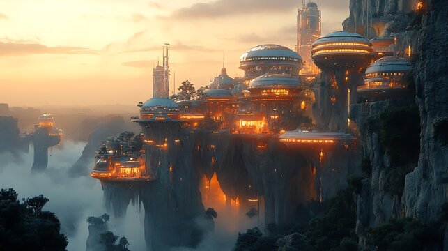 Futuristic city on floating islands at sunset