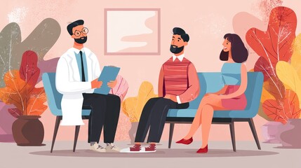 Flat vector illustration of male and female patients talking to a doctor in clinic office, health consultation scene