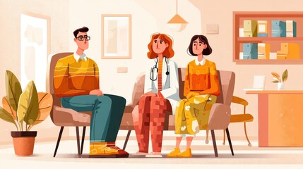Flat vector illustration of male and female patients talking to a doctor in clinic office, health consultation scene