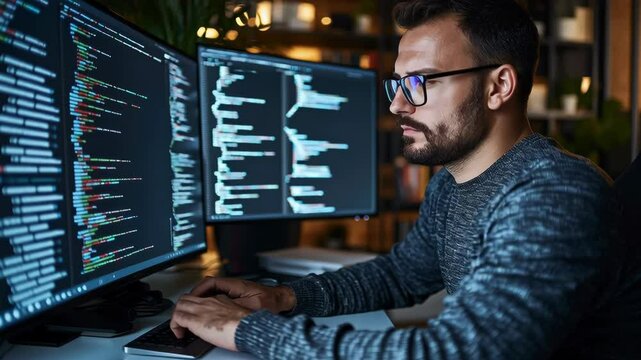 Code Weaver Focused developer intently crafting lines of code on dual monitors. The image captures the intensity and precision required in the modern world of technology.