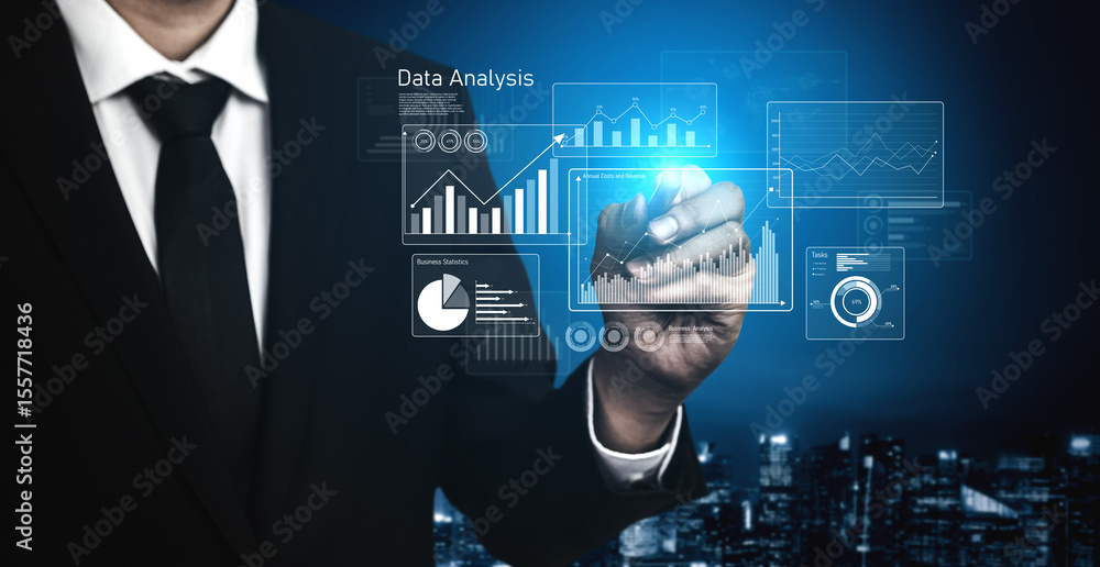 Poster business data analysis dashboard showing charts, statistics, and performance metrics for decision-ma